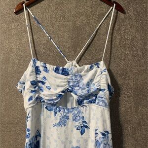 Zara Floral Blue and White Spaghetti Strap Dress